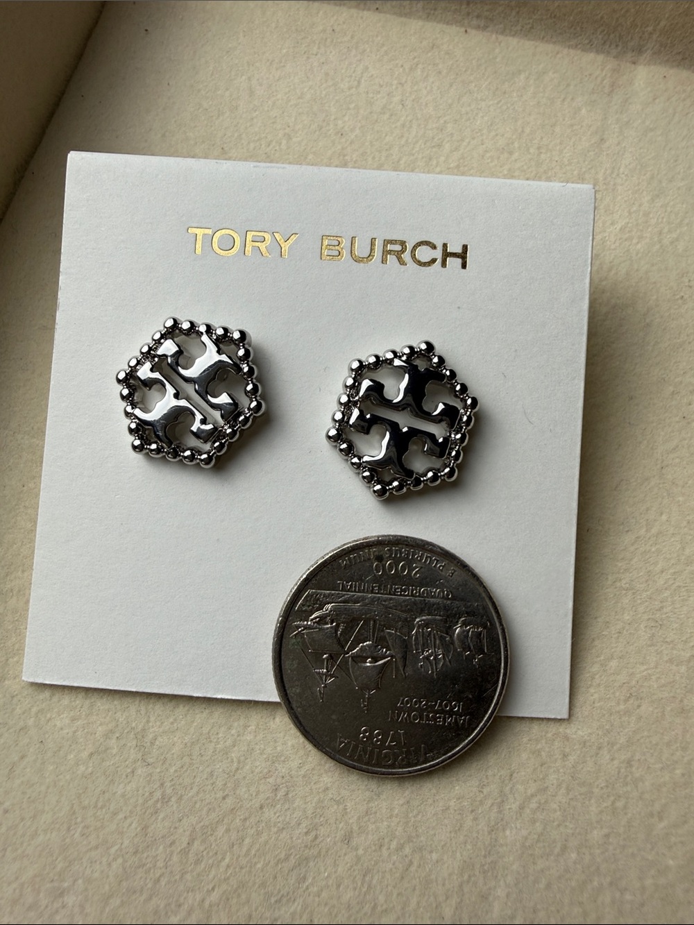 Tory Burch Silver Tone Hexagon Logo Stud Earrings - Picture 5 of 5
